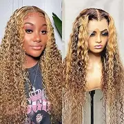 Highlight Ombre Lace Front Wigs Human Hair Pre Plucked 13x4x1 HD Lace Frontal Curly Wigs 4/27 Honey Blonde Colored Water Wave Human Hair Wigs for Black Women 180 Density 26inch(30 INCH)