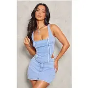 Petite Light Blue Embroidered Square Neck Corset Top, Light Blue