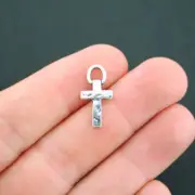 10 Cross Charms Antique Silver Tone Hammered Finish - SC4968