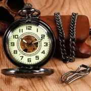 Vintage Mens Hand winding Mechanical Skeleton Pocket Watch Luminous Dial Chain