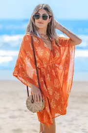 Cupshe Desert Bloom Floral Cover-Up Mini Dress - Tangerine,S