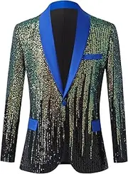 [GHNXCY] Men's Shiny Sequins One Button Blue Lapel Suit Jacket Blazer for Dinner Prom Party Wedding