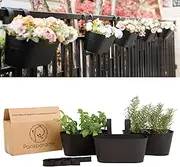 Pansparade 3 Pcs Black Metal Hanging Flower Pots for Railing Fence, Outdoor Planter Window Flower Planter with Removable Hook&Gardening Gloves Drainage Holes for Home Decor