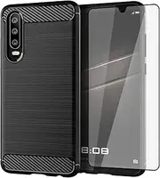 Asuwish Phone Case for Huawei P30 with Tempered Glass Screen Protector Cover and Slim Thin Soft TPU Mobile Film Rugged Cell Accessories Protective Hawaii P 30 ELE-L29 Women Men Carbon Fiber Black