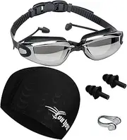 4 in 1 Swim Goggles Set, Swimming Kit with Swim Goggles Cap Nose Cover and Earplugs, UV Protection Goggles, No Leakage Clear Stretchable Goggle, Anti-Fog Swimming Goggles Fit for Adults Men Women