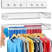 Homexa Wall Mounted Drying Rack, Carbon Steel Panel Extending Laundry Rack with 5 Aluminium Rods, 60 lbs Capacity of Wall Drying Rack | Installation Kit with Screws & Anti-Fall Mechanism - White