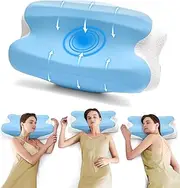 SleeGop Contour Cervical Neck Pillow for Pain Relief, Ergonomic Pillow for Side Sleepers,2 heights in 1,Crafted with Odorless Memory Foam and Cooling Pillowcase,Deep Sleep Bed Pillows for Adults(Blue)