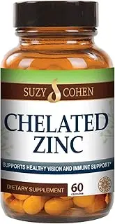 Suzy Cohen Chelated Zinc Supplements - 60 Capsules Gentle on The Stomach - Zinc is for Healthy Cell Growth and DNA Formation - Supports Healthy Immune Function and Skin Health