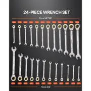 Combination Wrench Set 24 PCS SAE 1/4 inches - 7/8 inches Metric 8-19mm Organizer Rack