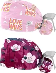 [WOSHJIUK] Working Hat 2 Pack Scrub Caps for Women,Pink Love Wins,Tie Back Cap Adjustable Scrub Hat