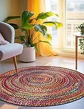 Handmade Braided Multi Cotton Round Area Rug- Multi Cotton Chindi Boho Soft Reversible Bohemian Rug Indoor Outdoor Bedroom Office Home Kitchen Living Room- Home Office- (5' Round)