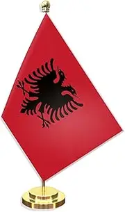 Albania Desk Small Flag Set,5×8 Inch Mini Albanians Desktop Banner,12" Metal Solid Pole Decor,Tiny Digital Printed Polyester Banner With Golden Base