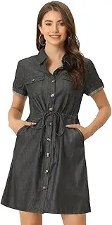 [Allegra K] Women's Jean Dresses Summer Casual Drawstring Waist Button Down Denim Dresses