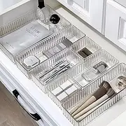 7 PCS Clear Drawer Organizers Bins, 4-Size Stackable Makeup Drawer Organizer Trays, Drawer Storage Containers, Desk Drawer Organizer Trays, Plastic Drawer Organiser for Kitchen Bathroom Makeup Office