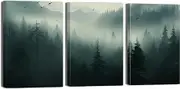 ZQQART 3PCS Misty Forest Canvas Wall Art Green Pine Tree Picture Painting Natural Mountain Landscape Prints Art Living Room Decor Framed(16.00"x24.00"x3Pcs)