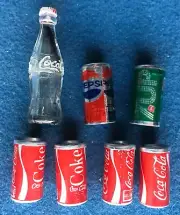 Vintage Magic Trick Apparatus 7 Mini Soda Cans & Bottle Coke, 7-Up Pepsi
