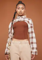 Pecan Put In Work Plaid Shrug Top