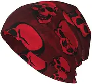 [ZaKhs] Red Skulls Print Beanie Hat Winter Warm Knit Hat Soft Skull Cap for Women Men, Black, One Size
