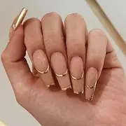 24 PCS Gold Foil Stripe Printed Ballet Press on Nails Acrylic Coffin Fake Nails for Ladies and Girls Party Salon