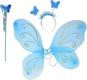 ZPGVWXKO Girls Fairy Costume Set, Child Fancy Dress, Wand Butterfly Fairy Wing Kids Elf Cosplay Outfit Girls Fairy Costume for Carnival, Blue