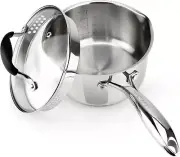 Elegant 2.5 Quart Stainless Steel Saucepan with Glass Strainer Lid & Spouts
