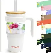 Tronco 32oz Glass Tumbler with Handle, Straw & Bamboo Lid, BPA-Free Glass Bottle Fit in Cup Holder, Iced Coffee/Smoothie Cup, Dishwasher Safe (White)
