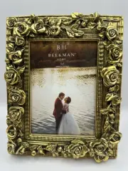 Large Gold Tone Roses Photo Frame Ornate 3D 5x7 Ornate Gift Beekman Wedding NEW