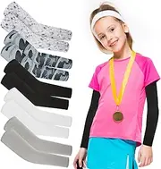 [Vin Beauty] 5 Pairs Kids Arm Sleeves, UV Sun Protection Arm Sleeves for Men Women UPF 50 Compression Cooling Sleeve Outdoor Sport Breathable Elastic Ice Sleeve to Cover Arms for Youth Boys Girls Sports