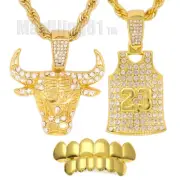 Hip Hop Cubic Zirconia 23 Jersey & Bull Pendant 24" Rope Chain Necklace & Grillz