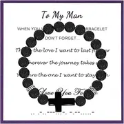 [MILAKOO] 8mm Natural Stone Lava Bracelet Diffuser Essential Oil Wristband with Stainless Steel Cross