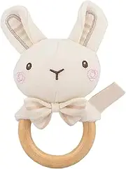 Soft Baby Rattle - Grabber Rattle | Baby Rattle Teething Ring | Organic Cotton Plush with Wooden Ring | 0-1 Year Infant Toy in Elephant Bear Rabbit Lion Design for Boys and Girls