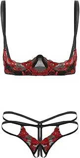 [GRRKDFQ] Women'S Sports Underwear Lace Bra Set Open Cups Bra Bare Crotchless G-String