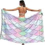 [RPLIFE] Pastel Mermaid Women Sarong Beach Wrap, Tassel Sarong Cover up for Summer Pool/beach, Large, Pastel Mermaid, Medium