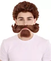 HPO Adult Men's Brown Wig Set with Muttonchop Beard and Mustache, HM-1687