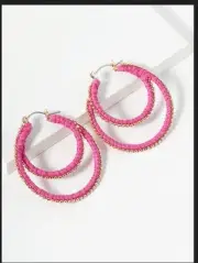Pink Thread Wrapped Beaded Raffia Double Hoop Earrings
