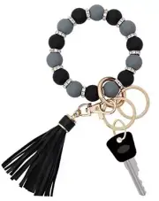 Silicone Key Ring Bracelet for Women, Elastic Beaded Wristlet Grey/Black