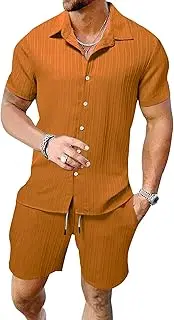 [Maiyifu-GJ] Men's Summer 2 Piece Beach Outfits Short Sleeve Button Down Cotton Linen Shirts and Shorts Sets for Men, Orange, Small