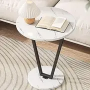 [Hbluefat] End Table, Modern Round Sofa Side Table, Wood Bedside Nightstand, Metal Frame Simplicity Snack Table for Home Office, Living Room, Bedroom (White Marble+Black)