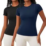 [Rapbin] 2 Pack Workout Tops for Women Short Sleeve Compression Athletic Shirts Seamless Dry Fit Yoga Tee Gym Clothes