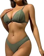 [Generic] Bikinis for Women Solid Color Bikini Swimsuit Set with Breast Pads V String Thong Bikini
