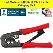Dual Modular RJ12 RJ11 RJ45 Ratchet Crimping Tool Builtin Cable Stripper, Cutter