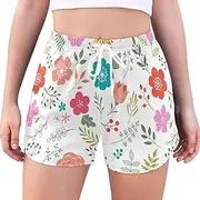 [GuoChe] Athletic Running Shorts Floral and Leaf Elements Minimalist Drawstring Waist Athletic Running Shorts Soft Running