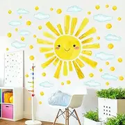 Eutecado Watercolor Large Sun Wall Decals Cloud Polka Dots Wall Stickers for Kids Room, 12 Sheets Lovely Smile Sun Wall Decor Stickers Peel and Stick Wall Decorations Stickers for Bedroom Nursery