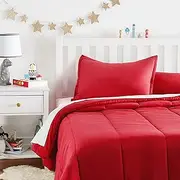 Amazon Basics Easy Wash Microfiber Kid's 3 Piece Comforter and Pillow Sham Set, Full/Queen, Red, Solid