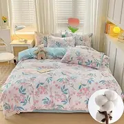 [CinYana] Blue Floral Duvet Cover Set Botanical Flower Leaf Quilt Cover Set Reversible 100% Cotton Duvet Cover Queen 3 PCS Chic Garden Bedding Set Mini Floral Comforter Cover (Blue,Queen)