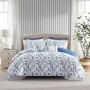 Laura Ashley - Queen Comforter Set, Reversible Cotton Bedding, Includes Matching Shams with Bonus Euro Shams & Throw Pills (Elise Blue, Queen)