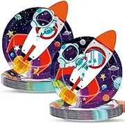 OBUSATT 60 PCS Rocket Ship Paper Plates 9In Outer Space Birthday Party Supplies Astronaut Galaxy Planet Tableware Decoration Space Theme Disposable Dinnerware for Kids Baby Shower Birthday Party Favor