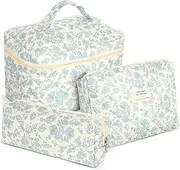 [GAROZATION] Versatile Travel Makeup Bag Set 3 Quilted Toiletry Bags Zipper Compact Skincare Case for Women Floral Pattern