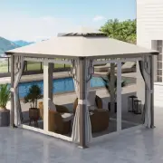 10' Patio Gazebo, Mesh Netting, Curtains, 2-Tier Vented Canopy, Cream White