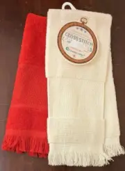 2 Fingertip Guest Towels Cross Stitch White Charles Craft Red Cannon 100% Cotton
